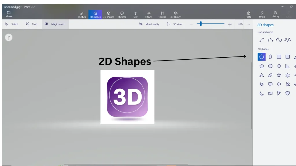 Paint 3D interface showing the 2D Shapes tool, used to add basic two-dimensional shapes like squares, circles, and lines to the canvas.