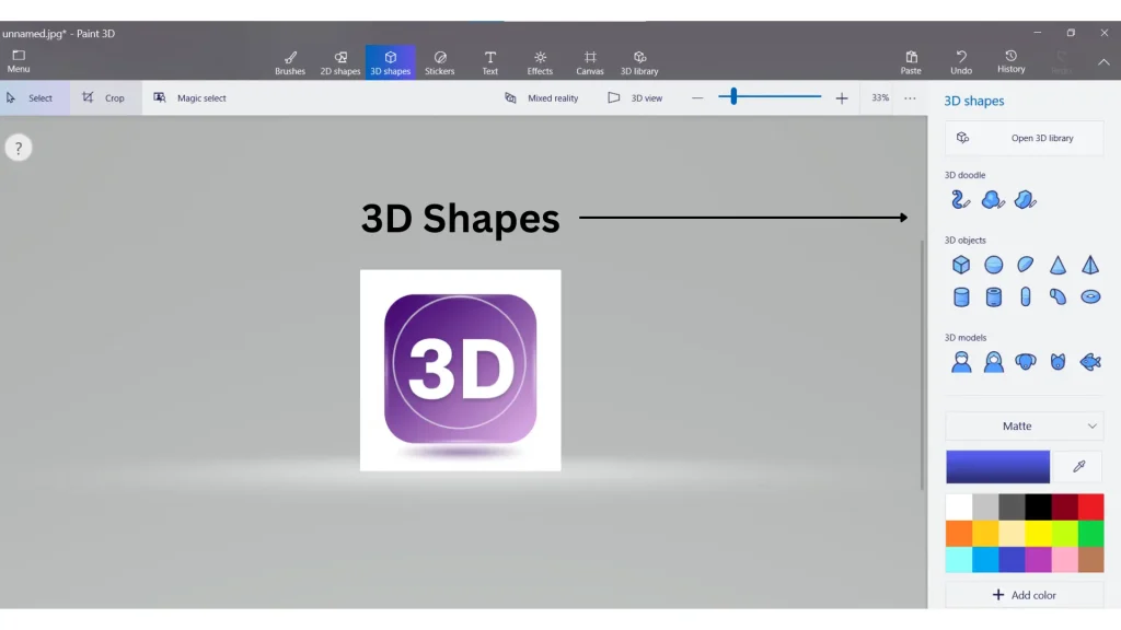 Paint 3D interface showing the 3D Shapes tool, used to add basic 3D objects into the canvas.