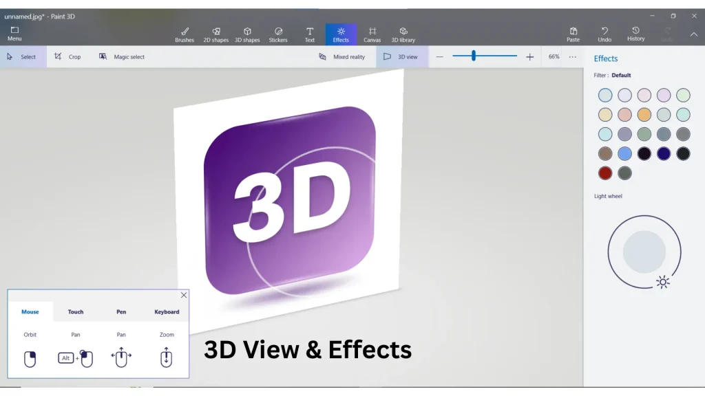 Paint 3D 3D View & Effects panel showing a 3D object preview with controls for lighting, depth, and visual effects.
