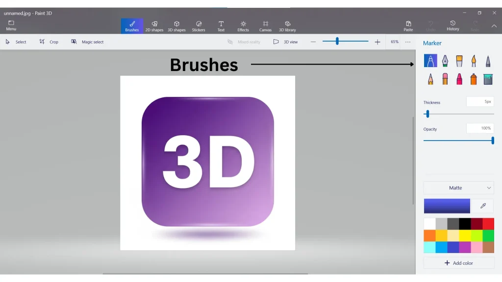Paint 3D Brushes panel displaying various brush tools, colors, and size settings used for drawing and painting in 2D and 3D.