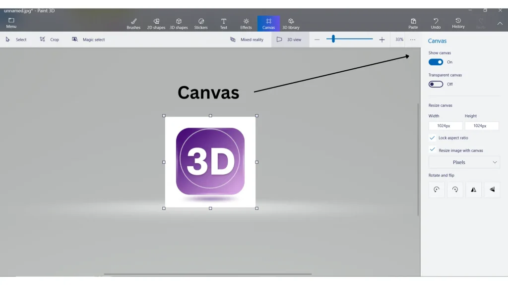 Paint 3D interface showing the Canvas tool, with options to resize, rotate, and adjust the canvas workspace for 2D and 3D designs.