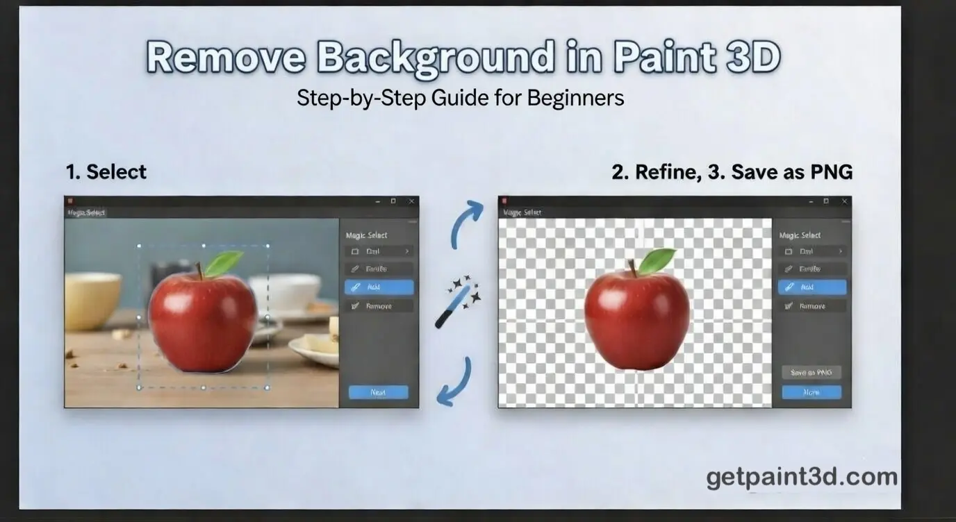 Paint 3D Magic Select: Select red apple → Refine edges → Isolated on transparent background. Beginner tutorial.
