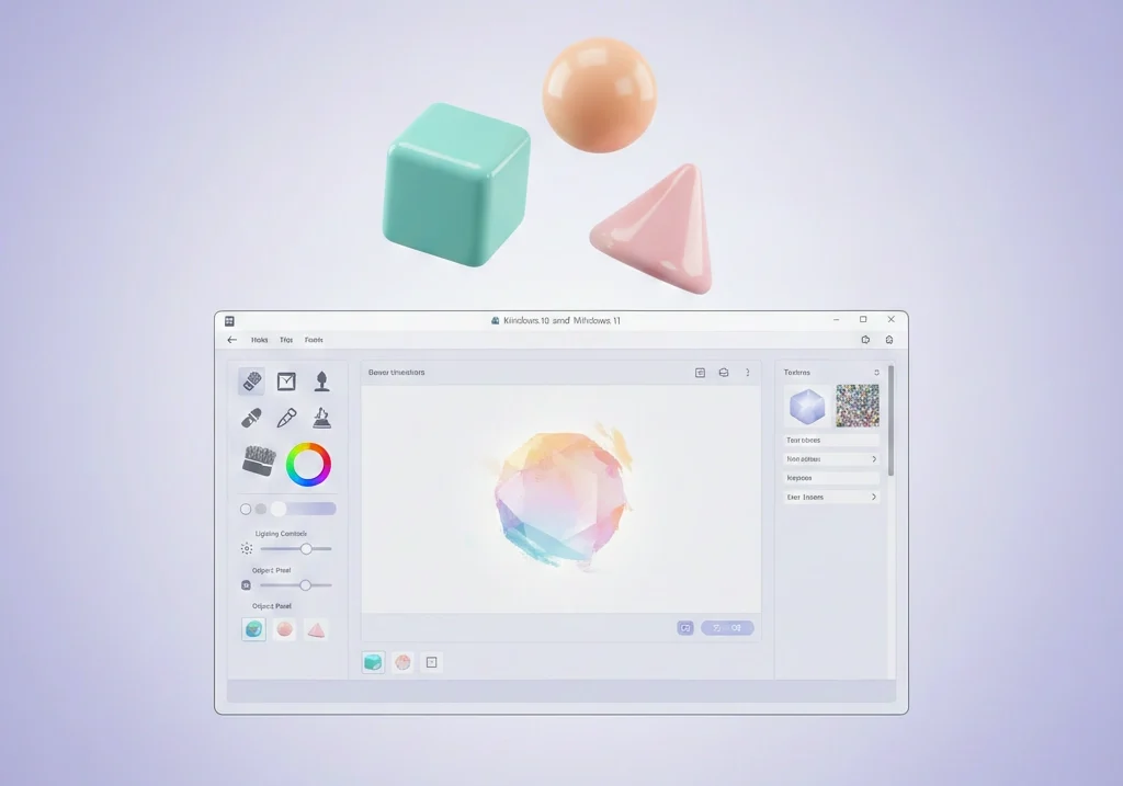 Paint 3D software interface on Windows 10 and Windows 11 showing 3D shapes, color tools, and an easy-to-use design workspace for creating 2D and 3D digital artwork.